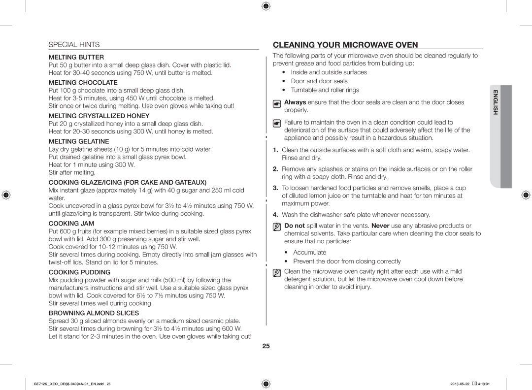 Samsung GE711K/XEO manual Cleaning Your Microwave Oven, Special Hints, Stir several times well during cooking 