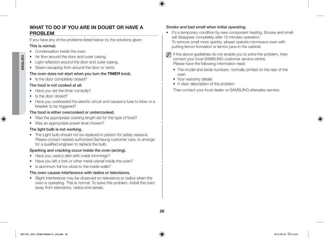 Samsung GE711K/XEO manual What to do if YOU are in Doubt or have a Problem 