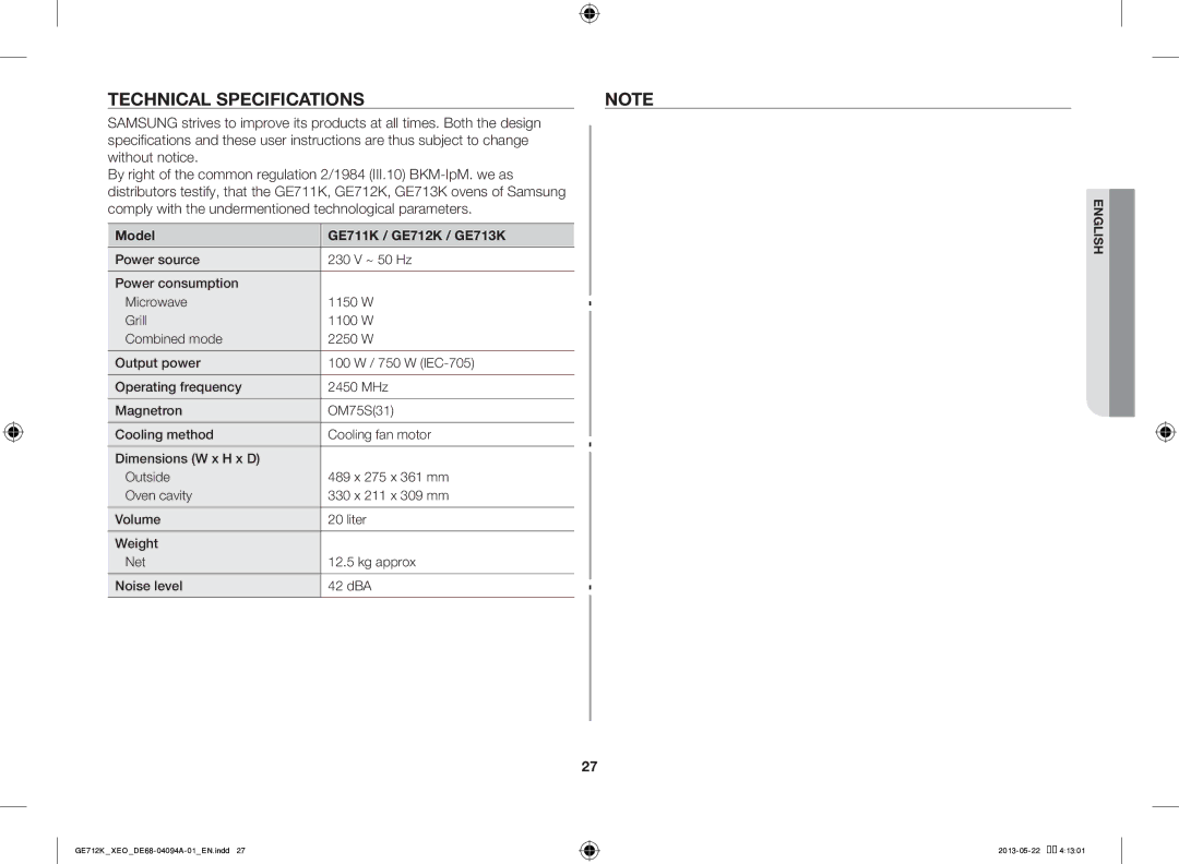 Samsung GE711K/XEO manual Technical Specifications, Model GE711K / GE712K / GE713K 