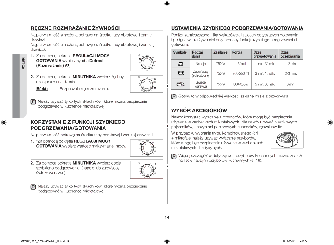 Samsung GE711K/XEO Ręczne Rozmrażanie Żywności, Korzystanie Z Funkcji Szybkiego PODGRZEWANIA/GOTOWANIA, Wybór Akcesoriów 