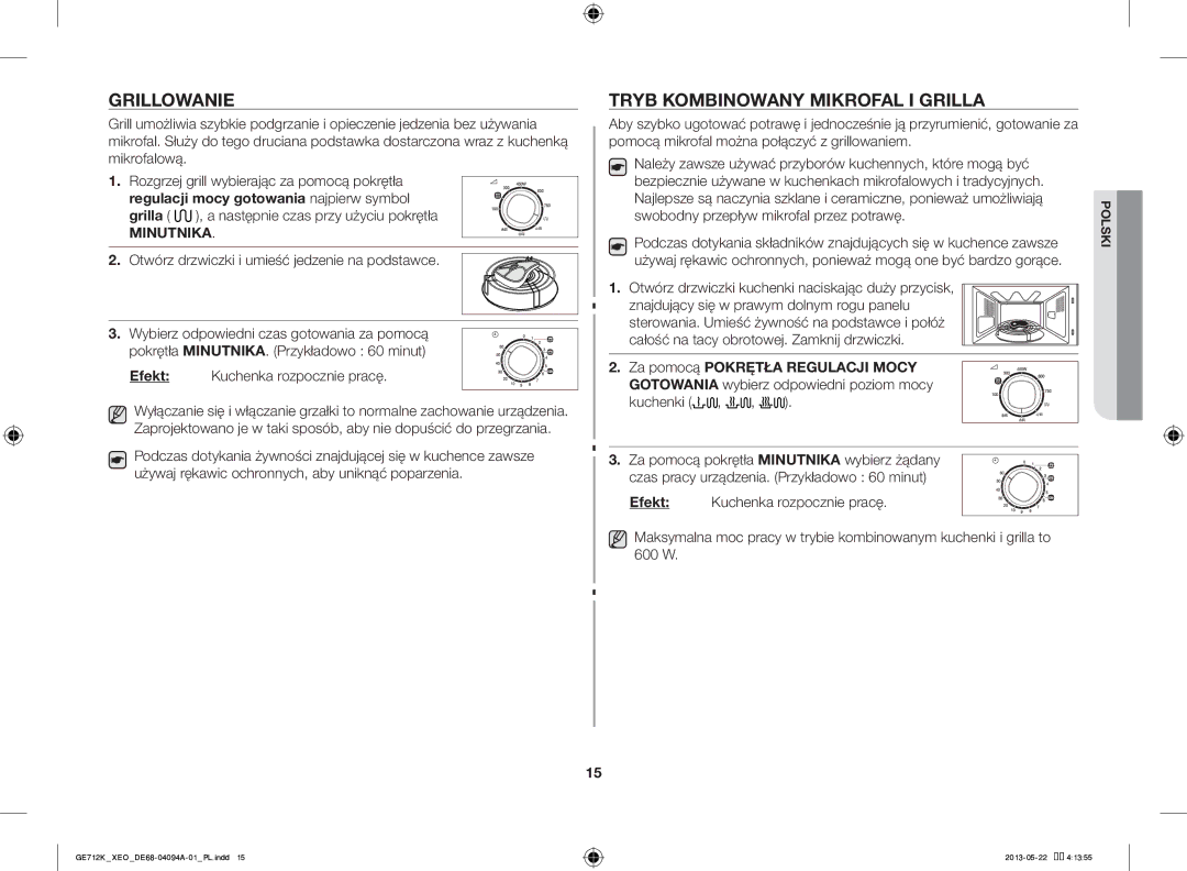 Samsung GE711K/XEO manual Grillowanie, Tryb Kombinowany Mikrofal I Grilla 