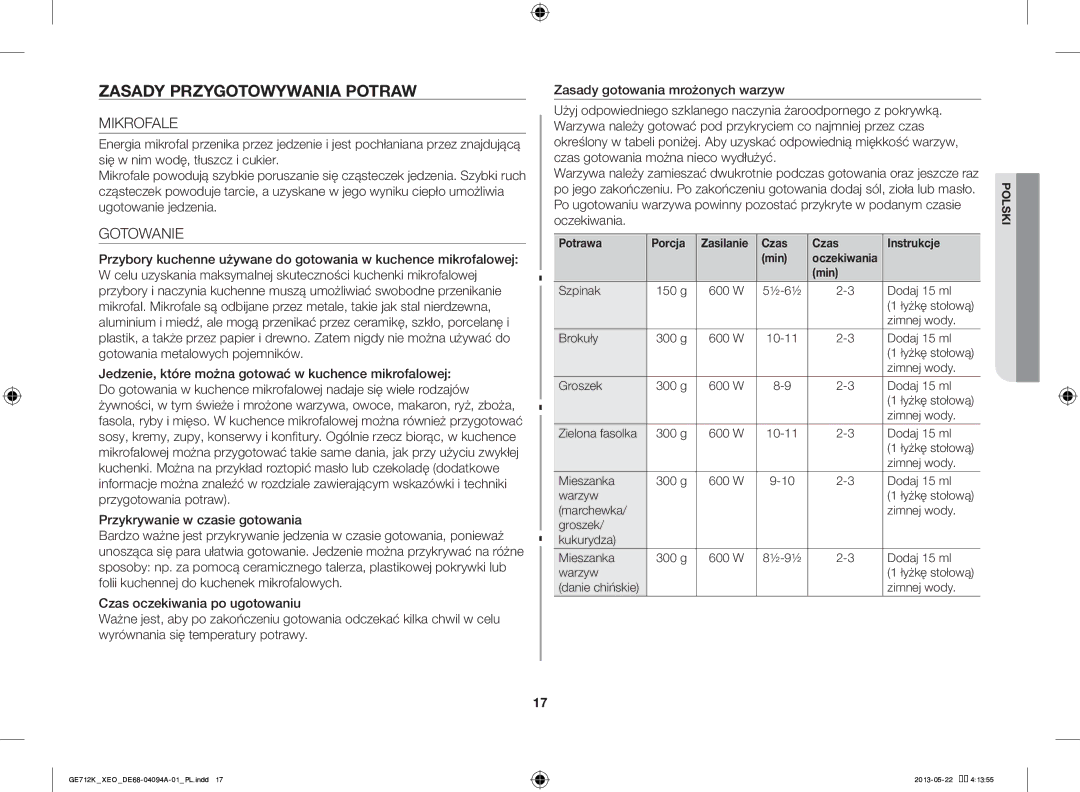 Samsung GE711K/XEO manual Zasady Przygotowywania Potraw, Mikrofale, Gotowanie, Potrawa Porcja Zasilanie Czas Instrukcje Min 