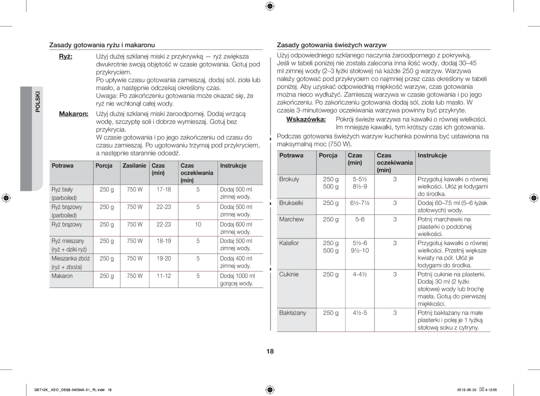 Samsung GE711K/XEO manual Zasady gotowania świeżych warzyw, Potrawa Porcja, Czas Instrukcje Min 