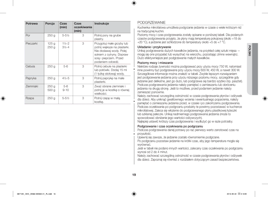 Samsung GE711K/XEO manual Podgrzewanie, Układanie i przykrywanie, Poziomy mocy i mieszanie 