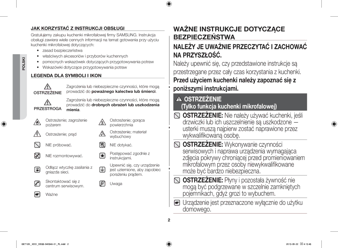 Samsung GE711K/XEO Należy JE Uważnie Przeczytać I Zachować NA Przyszłość, Ostrzeżenie Nie należy używać kuchenki, jeśli 