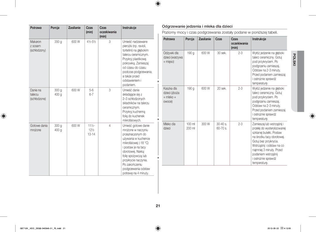 Samsung GE711K/XEO manual Czas Instrukcje 