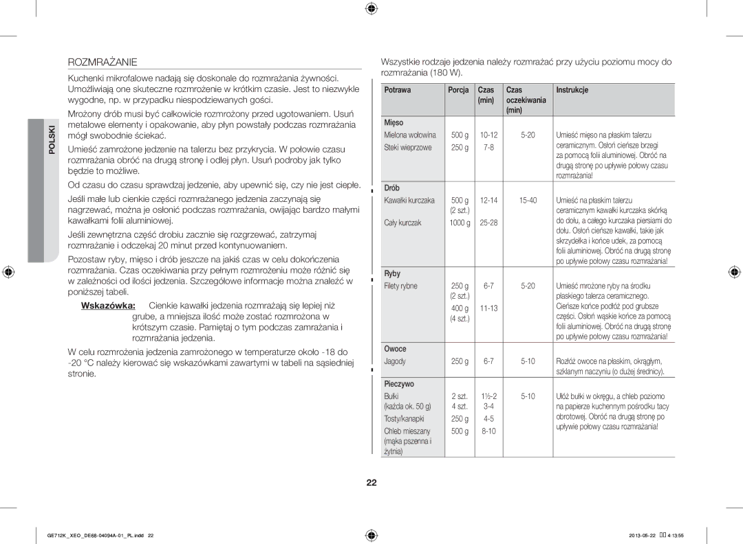 Samsung GE711K/XEO manual Rozmrażanie, Potrawa 