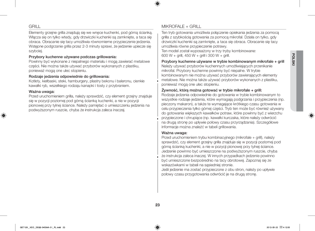 Samsung GE711K/XEO manual Mikrofale + Grill, Ważna uwaga 