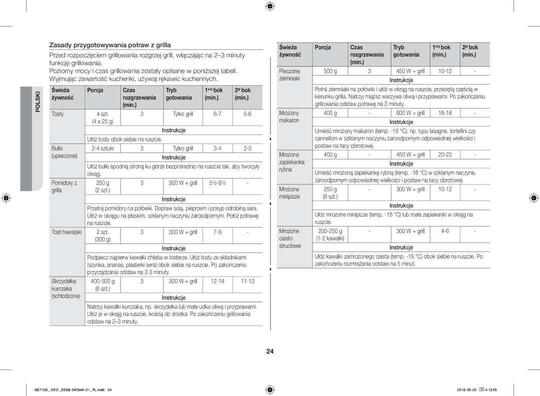 Samsung GE711K/XEO manual Świeża Porcja Czas Tryb 1szy bok 2gi bok Żywność, Gotowania Min, Min Pieczone 500 g 