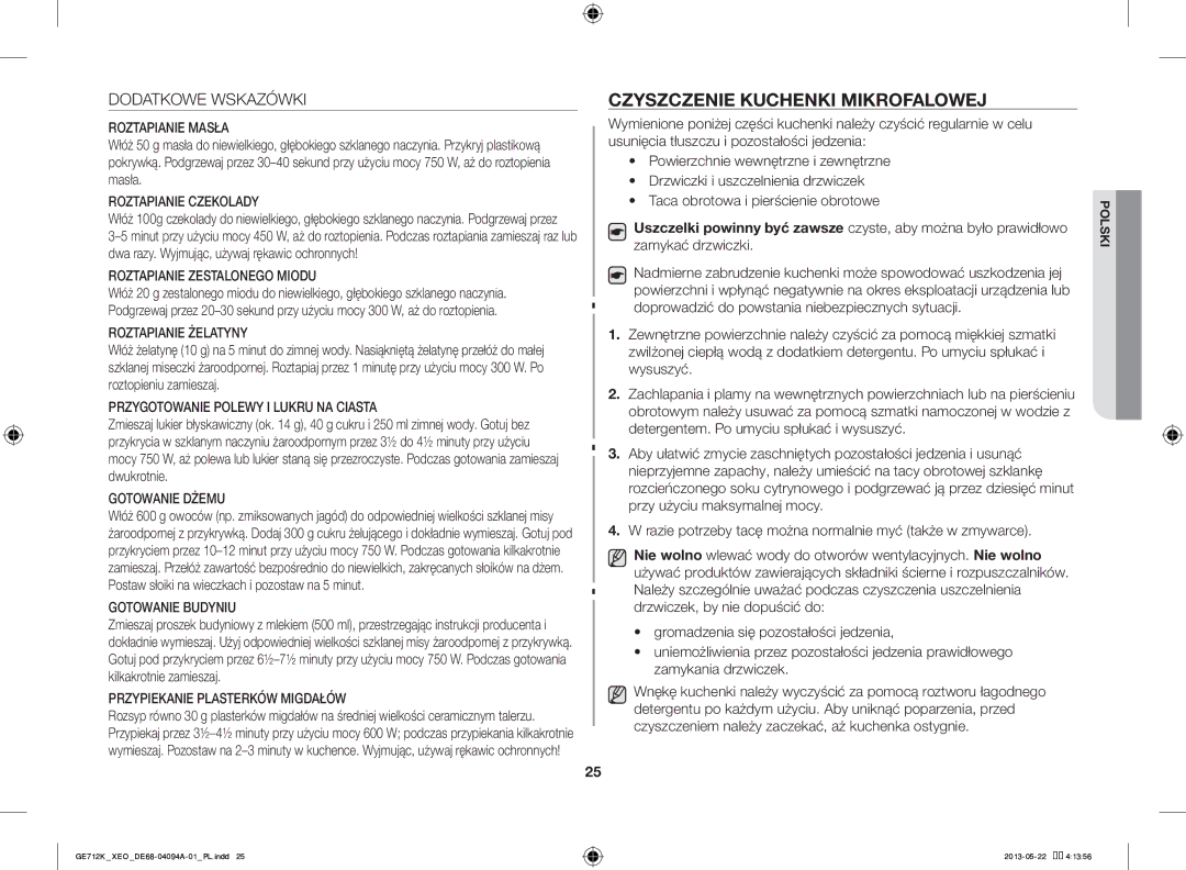 Samsung GE711K/XEO manual Czyszczenie Kuchenki Mikrofalowej, Dodatkowe Wskazówki 