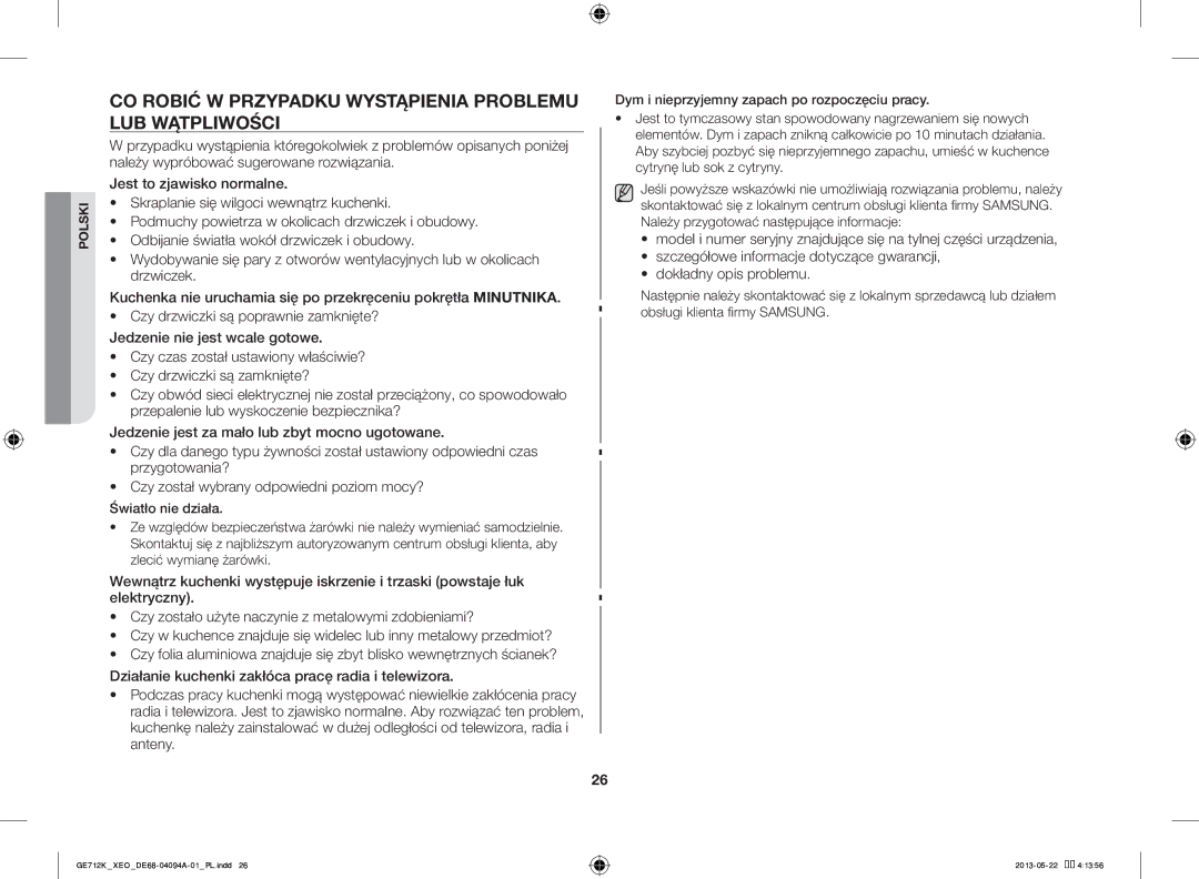 Samsung GE711K/XEO manual CO Robić W Przypadku Wystąpienia Problemu LUB Wątpliwości 