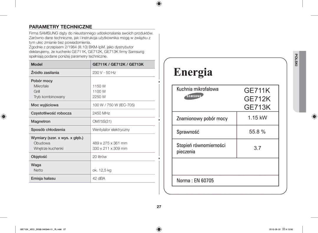 Samsung GE711K/XEO manual Parametry Techniczne, Model GE711K / GE712K / GE713K 