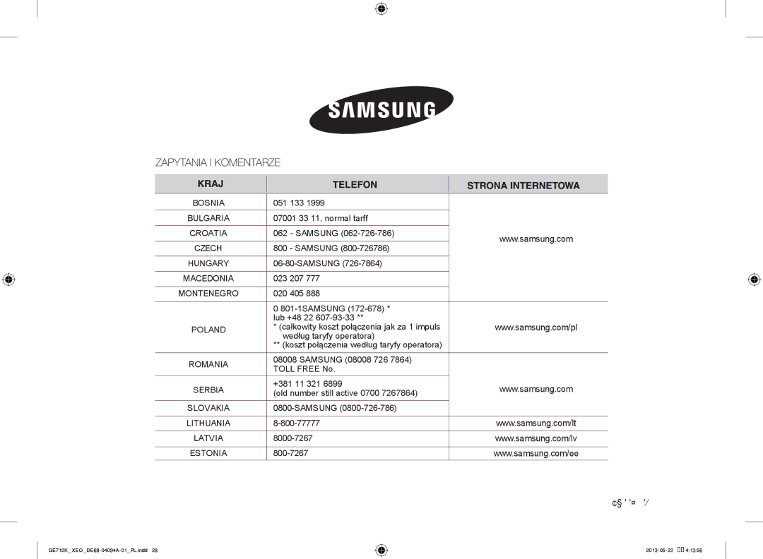 Samsung GE711K/XEO manual Kod produktu DE68-04094A-01 