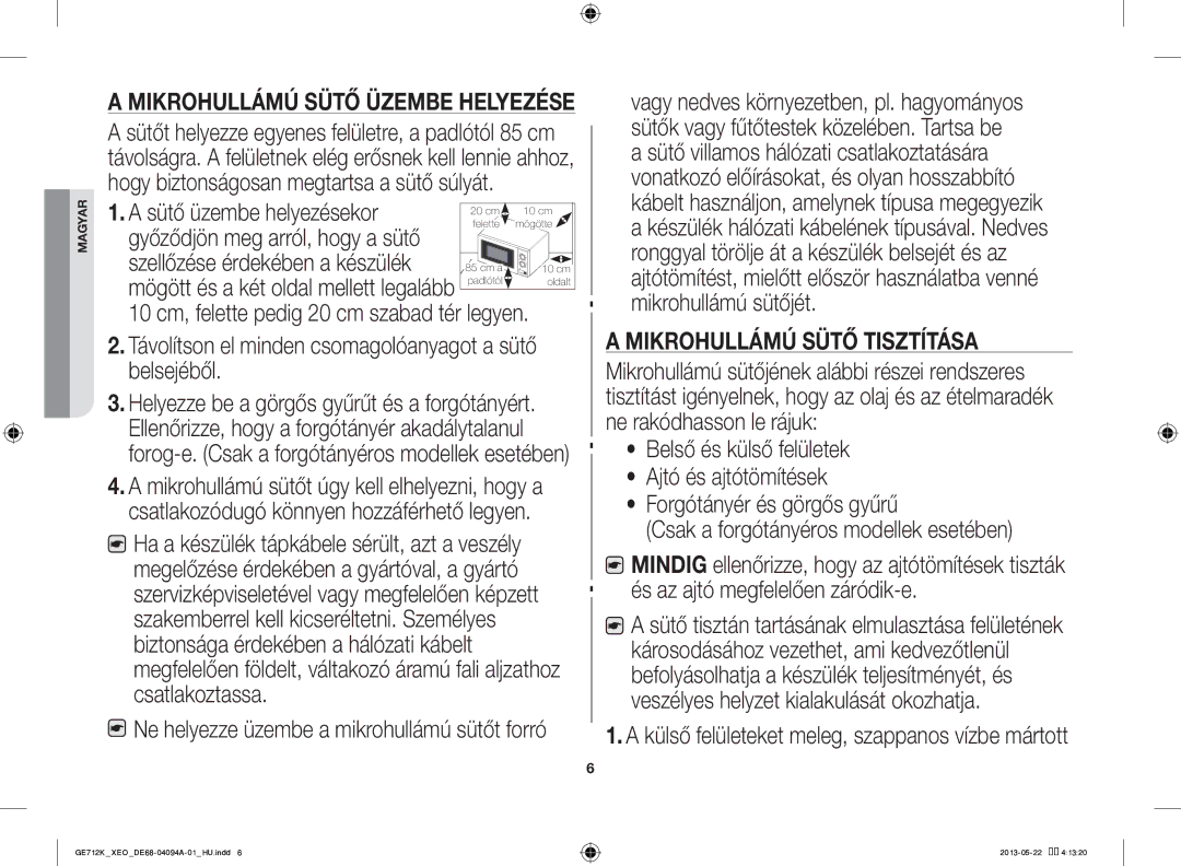 Samsung GE711K/XEO manual Sütő üzembe helyezésekor, Távolítson el minden csomagolóanyagot a sütő belsejéből 