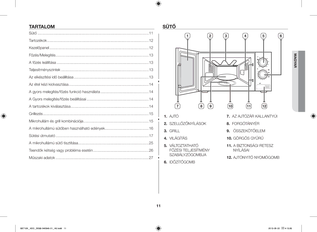 Samsung GE711K/XEO manual Tartalom, Sütő, Tartozékok kiválasztása 