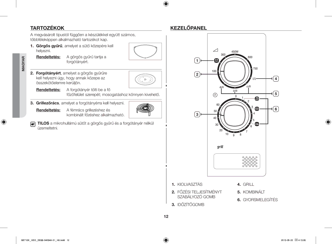 Samsung GE711K/XEO manual Tartozékok, Kezelőpanel, Grillezőrács, amelyet a forgótányérra kell helyezni 