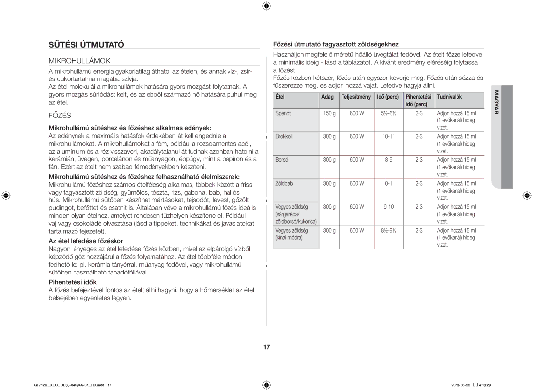 Samsung GE711K/XEO manual Sütési Útmutató, Mikrohullámok, Főzés 