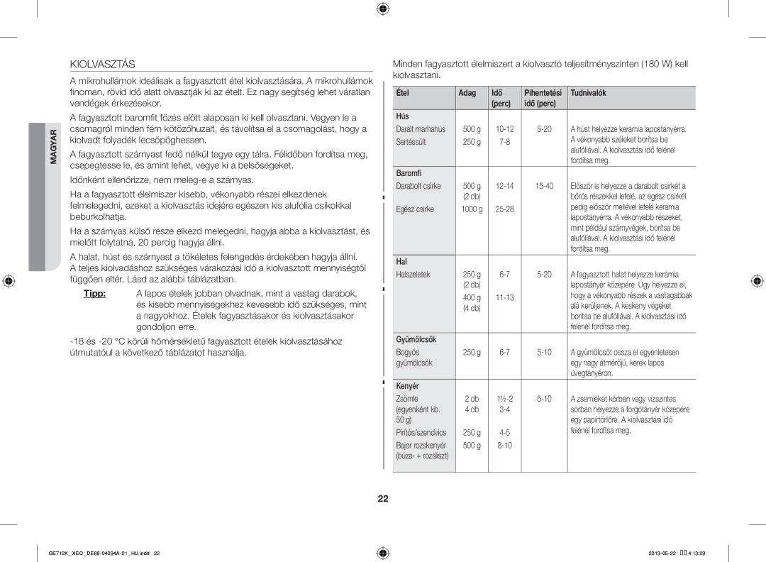 Samsung GE711K/XEO manual Kiolvasztás, Étel Adag Idő 