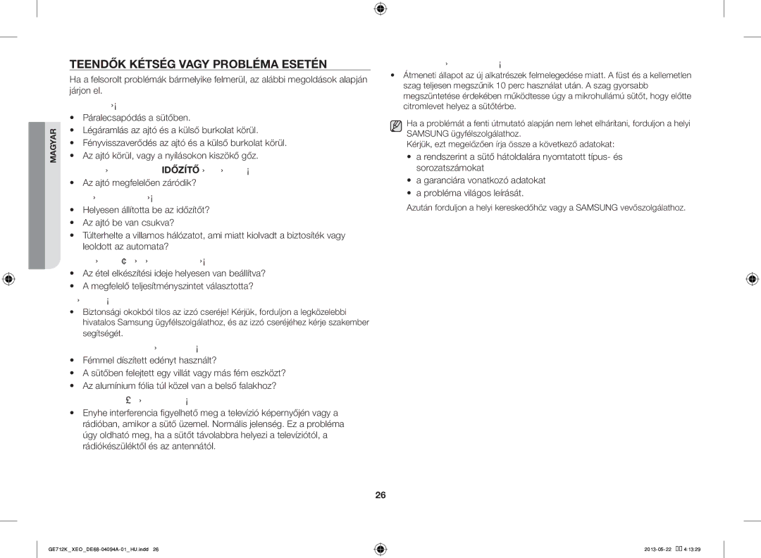 Samsung GE711K/XEO manual Teendők Kétség Vagy Probléma Esetén 