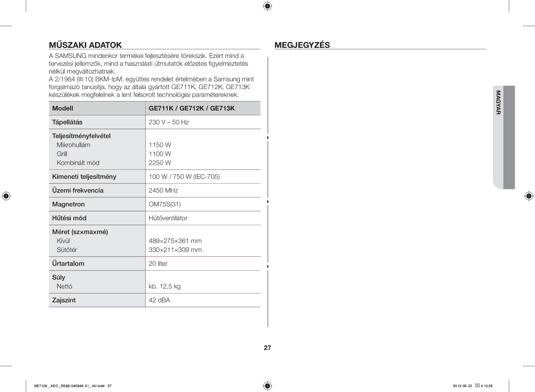 Samsung GE711K/XEO manual Műszaki Adatok Megjegyzés, Modell GE711K / GE712K / GE713K 