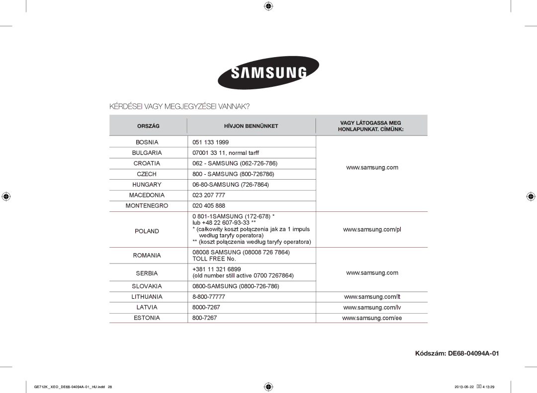 Samsung GE711K/XEO manual Kódszám DE68-04094A-01, 07001 33 11, normal tarff 