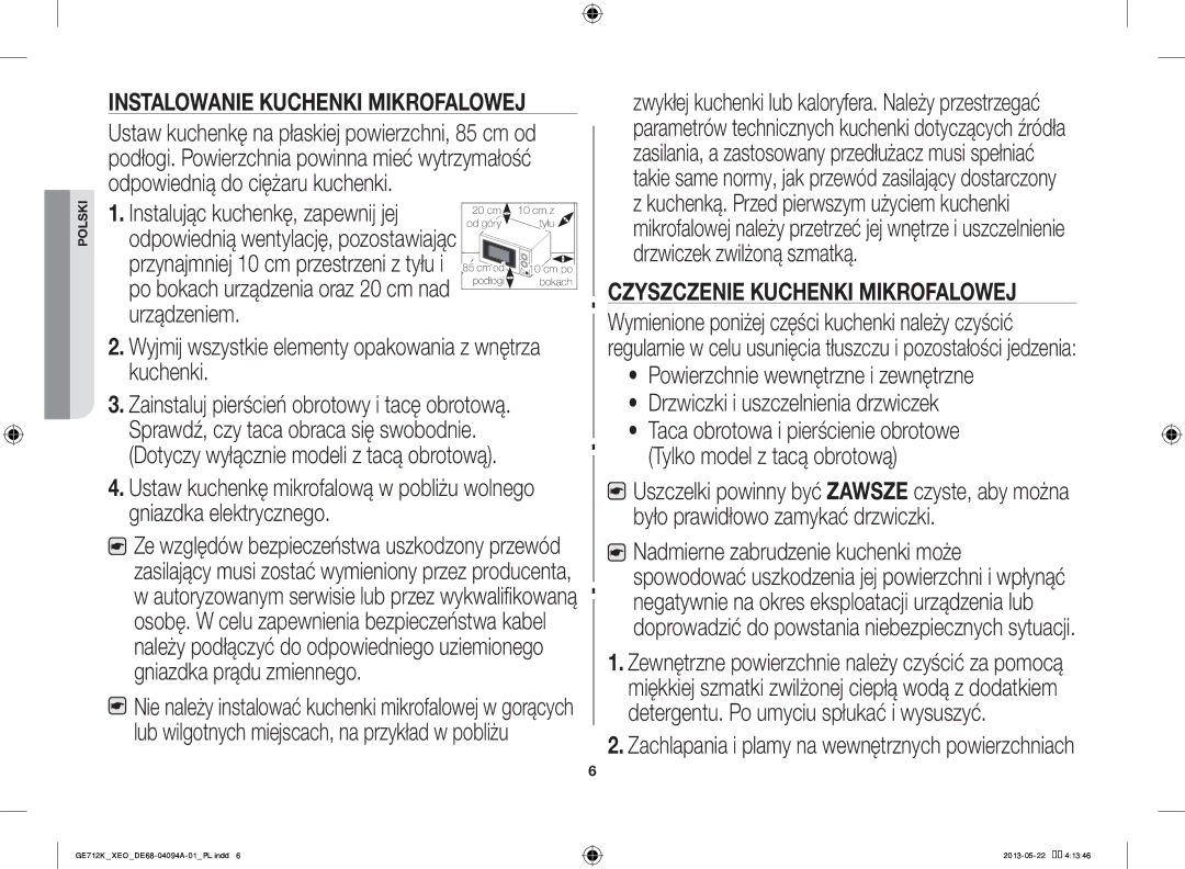 Samsung GE711K/XEO manual Czyszczenie Kuchenki Mikrofalowej, Dotyczy wyłącznie modeli z tacą obrotową 