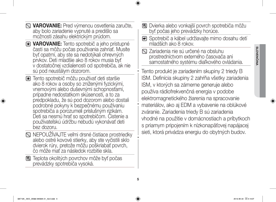 Samsung GE711K/XEO manual Slovenčina 