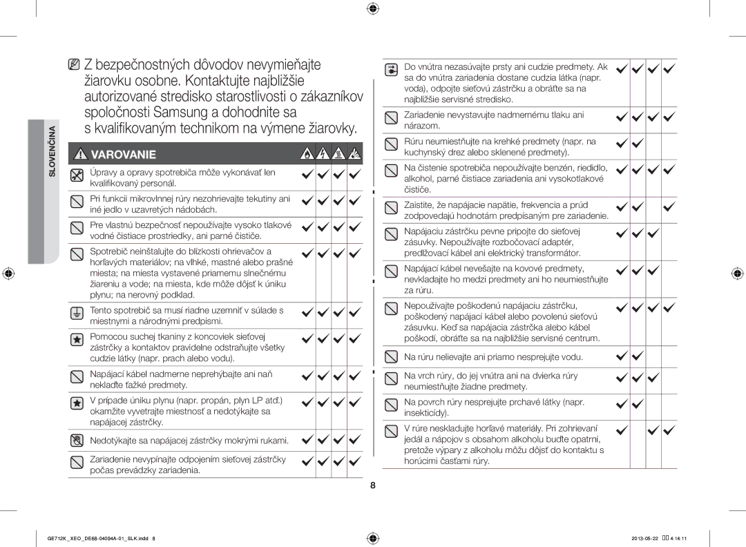 Samsung GE711K/XEO manual Bezpečnostných dôvodov nevymieňajte, Kvalifikovaným technikom na výmene žiarovky 