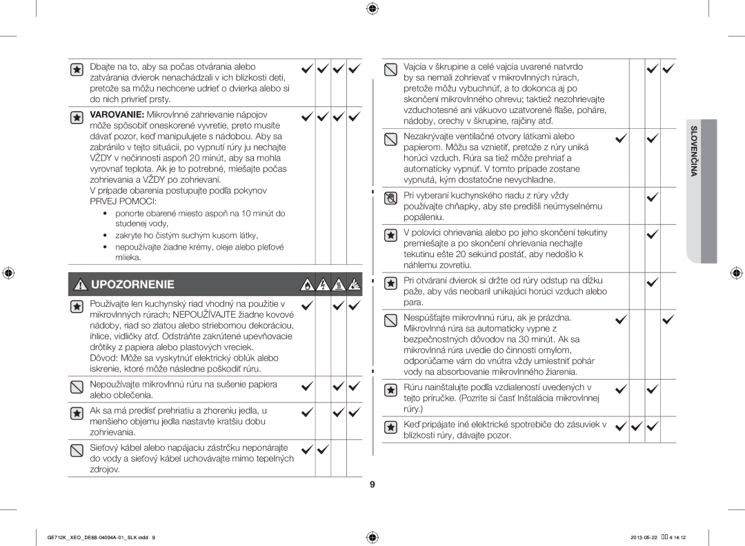 Samsung GE711K/XEO manual Prípade obarenia postupujte podľa pokynov, Nezakrývajte ventilačné otvory látkami alebo 