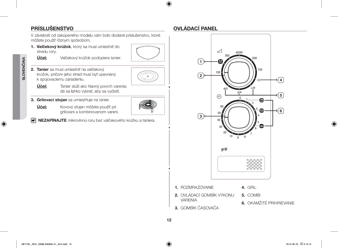 Samsung GE711K/XEO manual Príslušenstvo, Ovládací Panel 