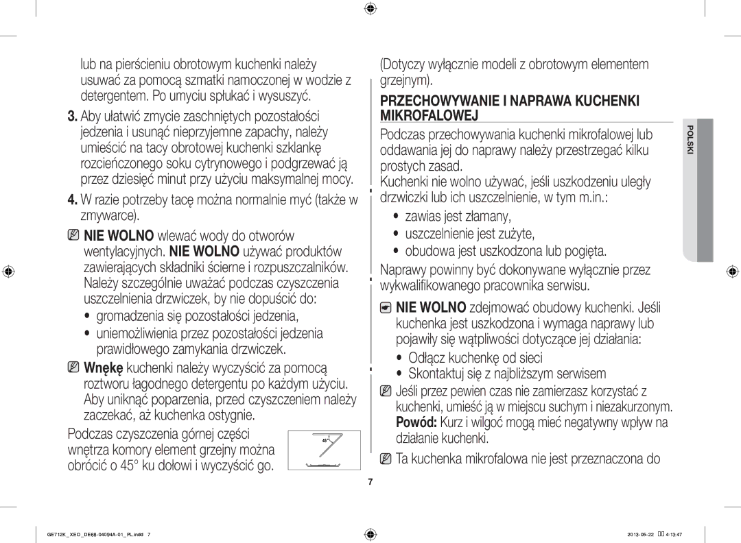 Samsung GE711K/XEO manual Razie potrzeby tacę można normalnie myć także w zmywarce, Gromadzenia się pozostałości jedzenia 