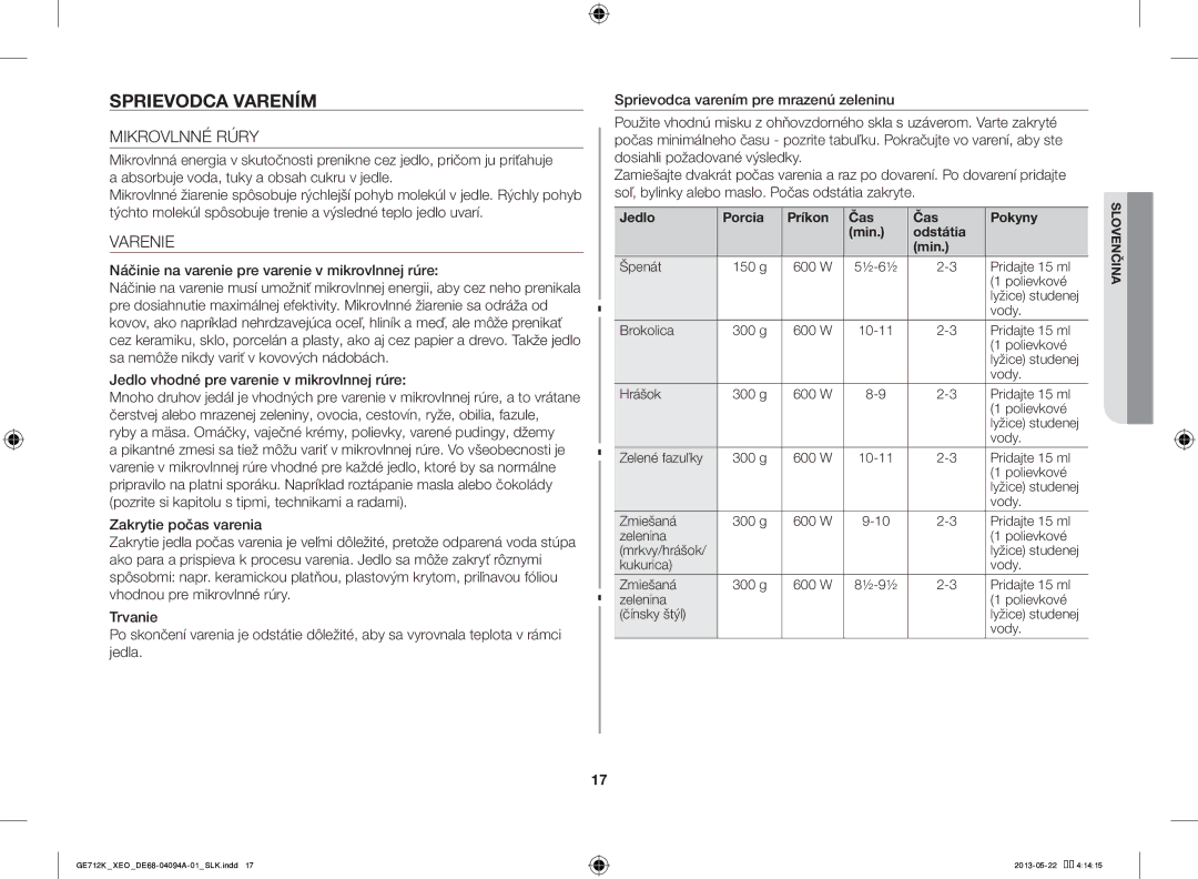 Samsung GE711K/XEO manual Sprievodca Varením, Mikrovlnné Rúry, Varenie, Jedlo Porcia Príkon Čas Pokyny Min Odstátia 