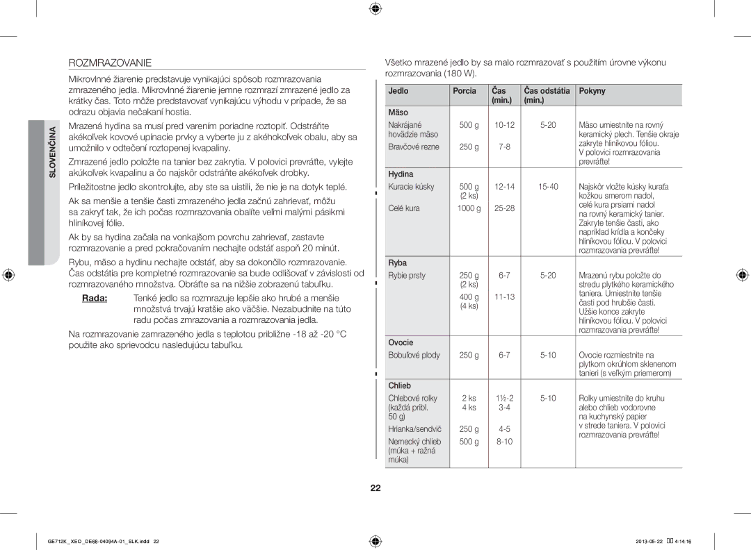 Samsung GE711K/XEO manual Rozmrazovanie 