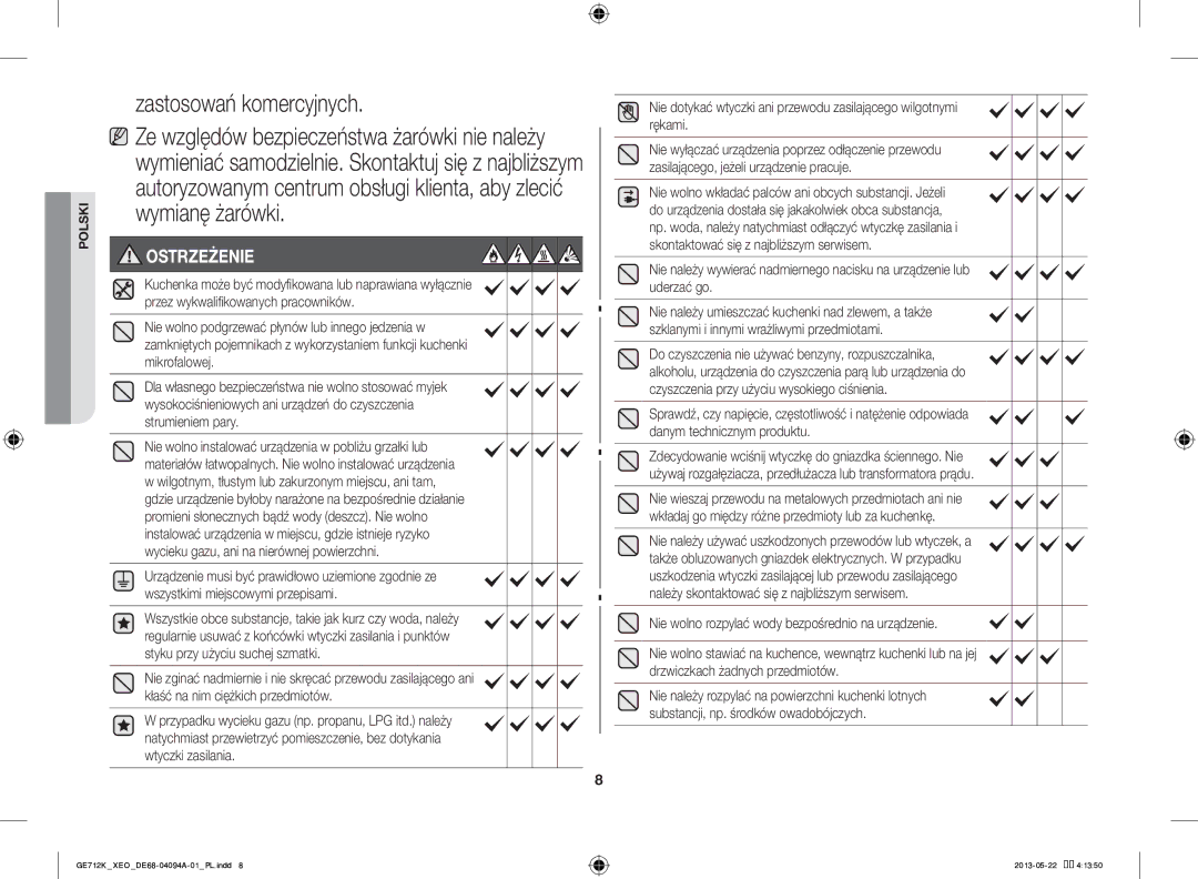 Samsung GE711K/XEO manual Zastosowań komercyjnych, Nie wolno rozpylać wody bezpośrednio na urządzenie 