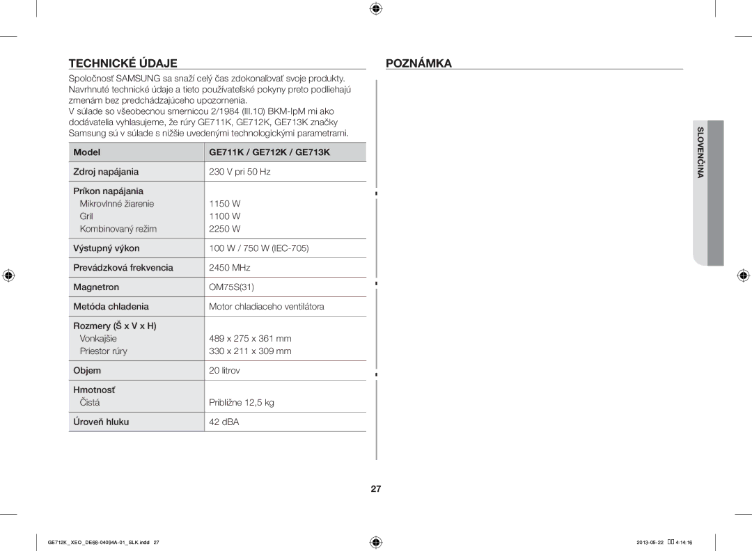 Samsung GE711K/XEO manual Technické Údaje Poznámka, Model GE711K / GE712K / GE713K 