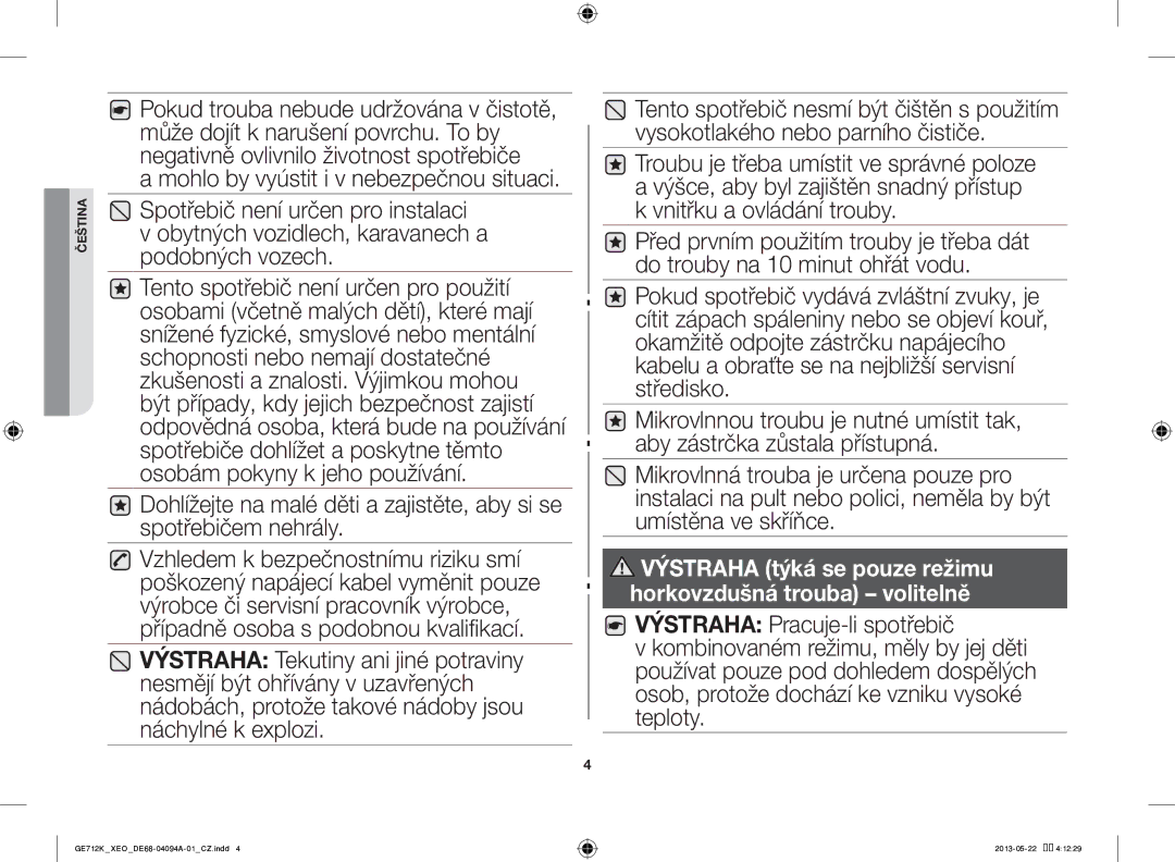 Samsung GE711K/XEO manual Výstraha týká se pouze režimu horkovzdušná trouba volitelně 