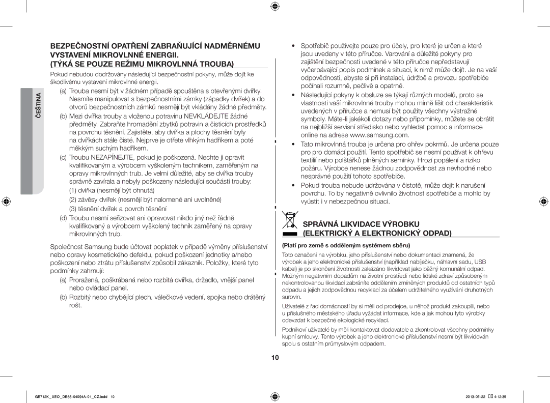 Samsung GE711K/XEO manual Správná Likvidace Výrobku Elektrický a Elektronický Odpad 