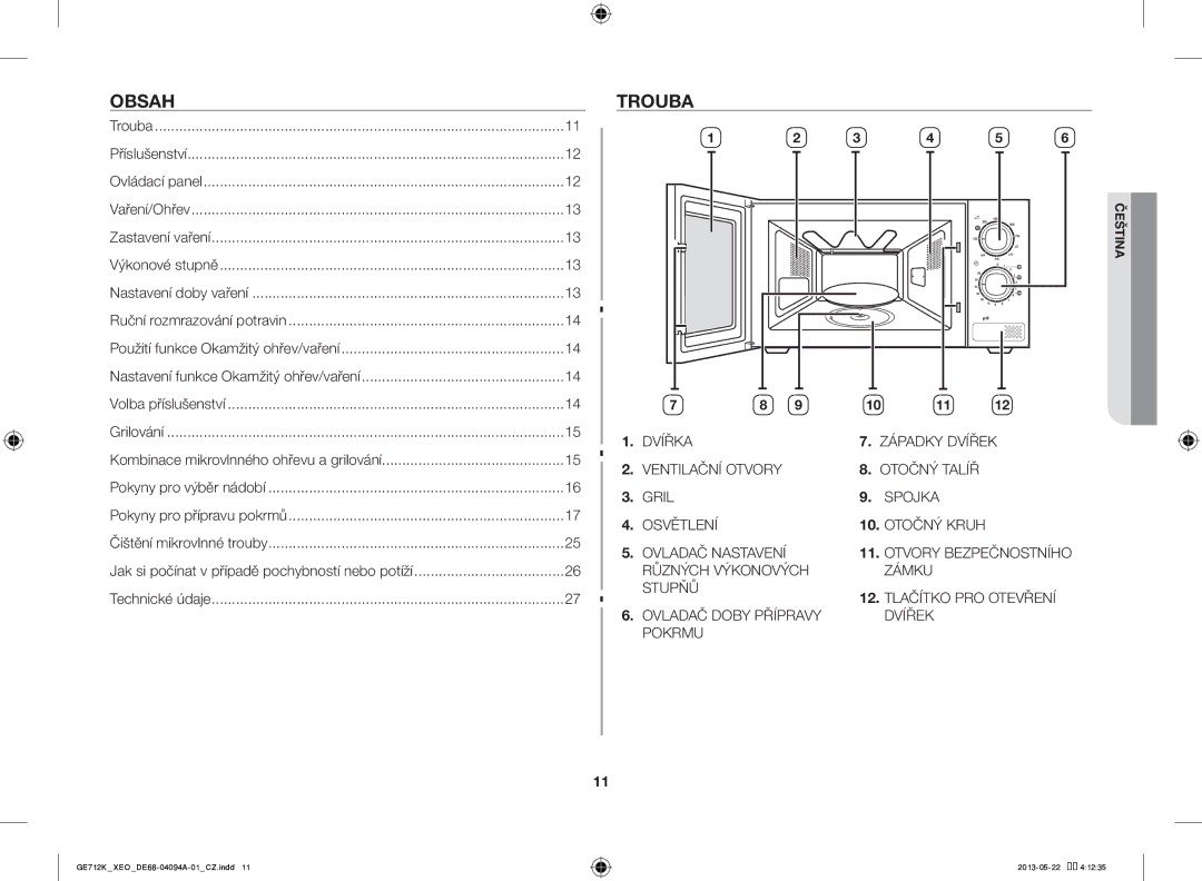 Samsung GE711K/XEO manual Trouba, Pokyny pro přípravu pokrmů 