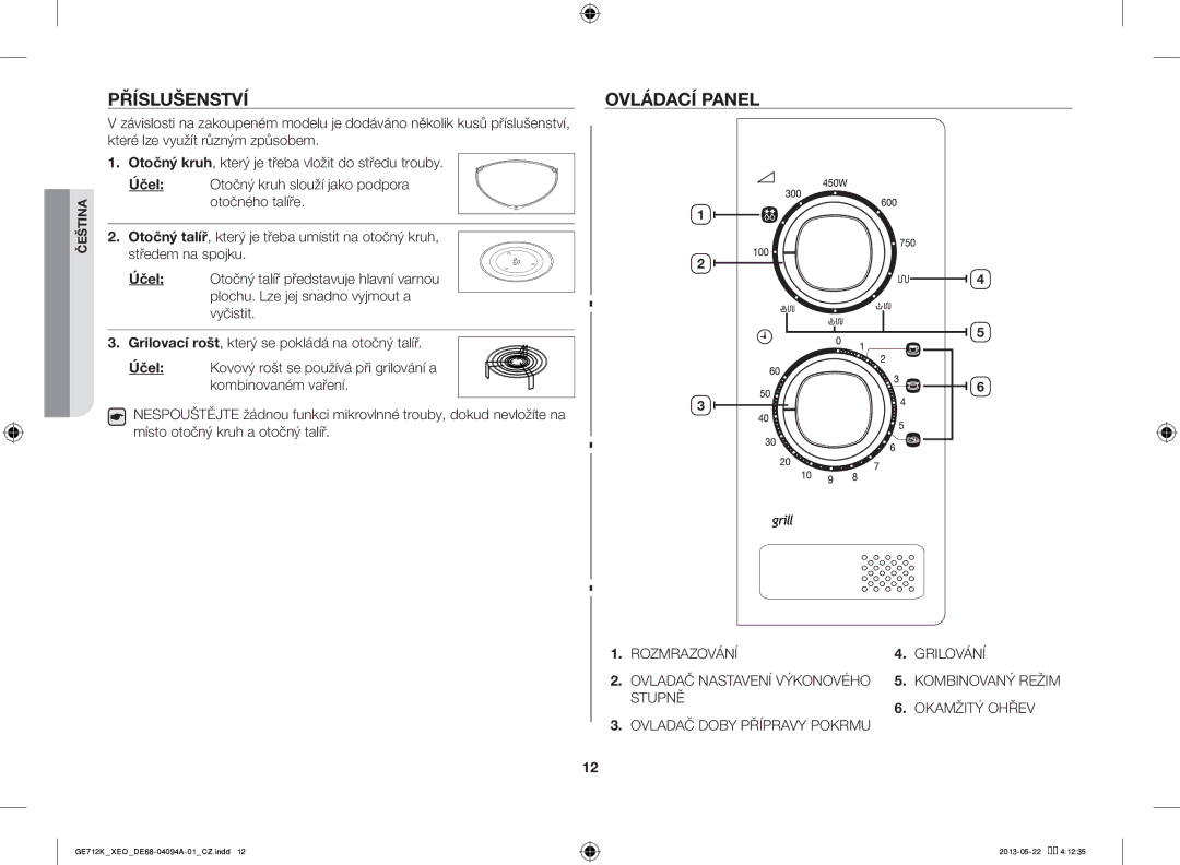 Samsung GE711K/XEO manual Příslušenství, Ovládací Panel 