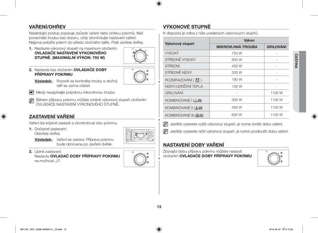 Samsung GE711K/XEO manual Vaření/Ohřev, Zastavení Vaření, Výkonové Stupně, Nastavení Doby Vaření 