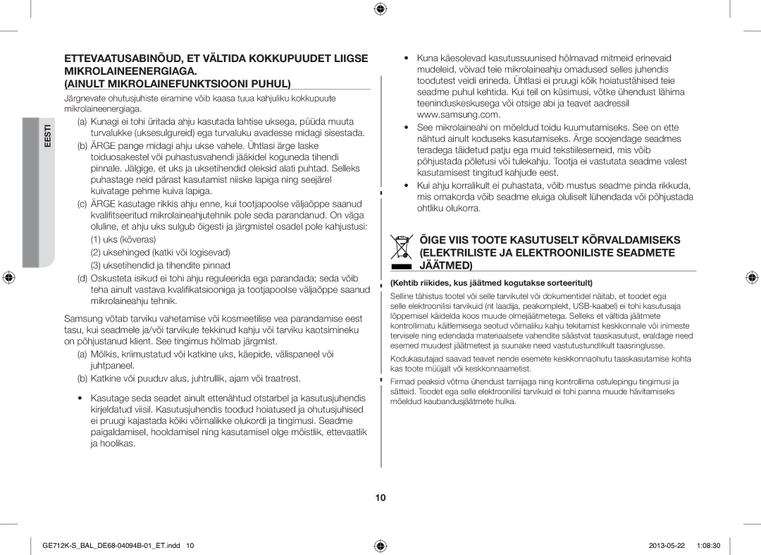 Samsung GE712K-S/BAL manual Kehtib riikides, kus jäätmed kogutakse sorteeritult 