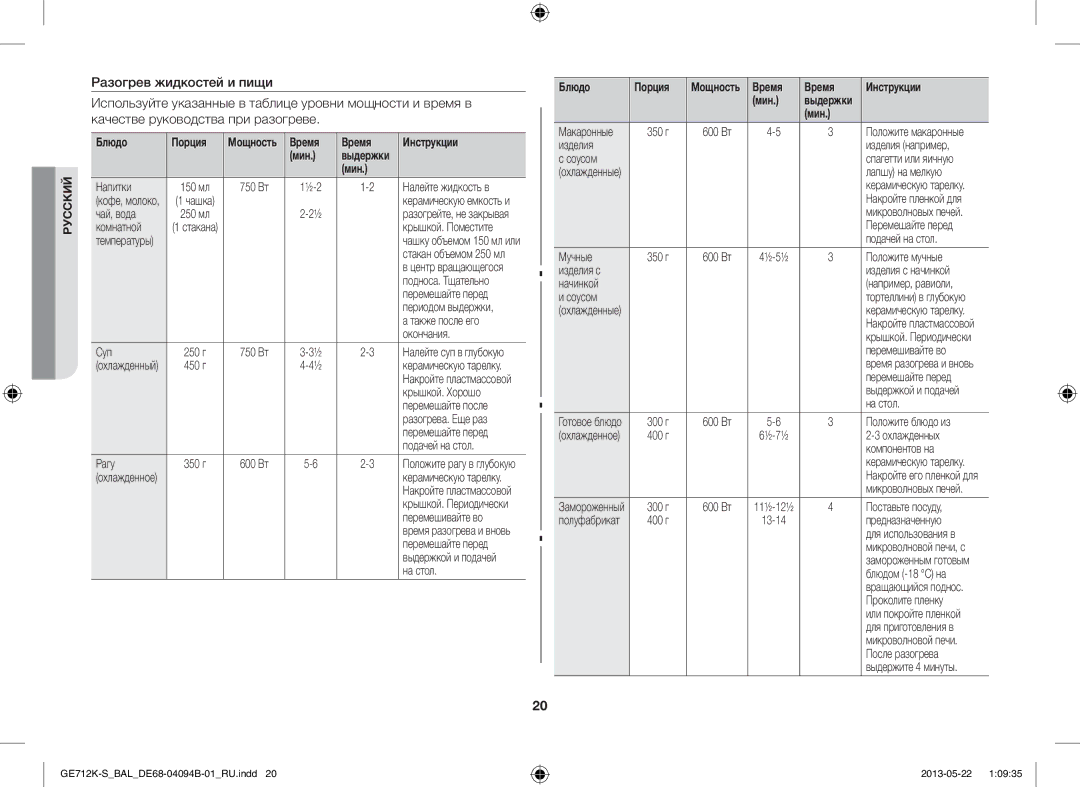 Samsung GE712K-S/BAL manual Блюдо Порция 