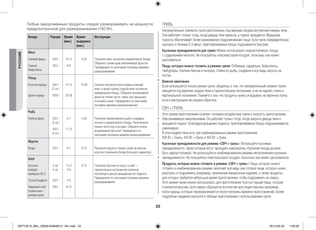 Samsung GE712K-S/BAL manual СВЧ + Гриль 