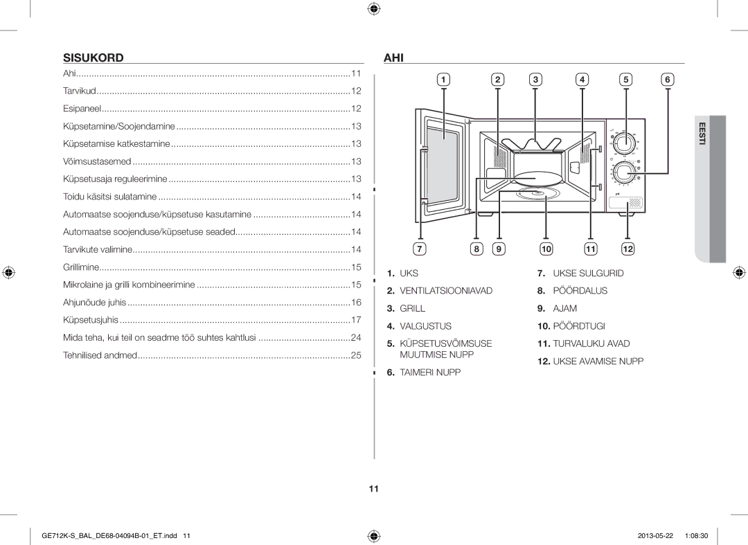 Samsung GE712K-S/BAL manual Sisukord, Ahi, Taimeri Nupp, Automaatse soojenduse/küpsetuse seaded 