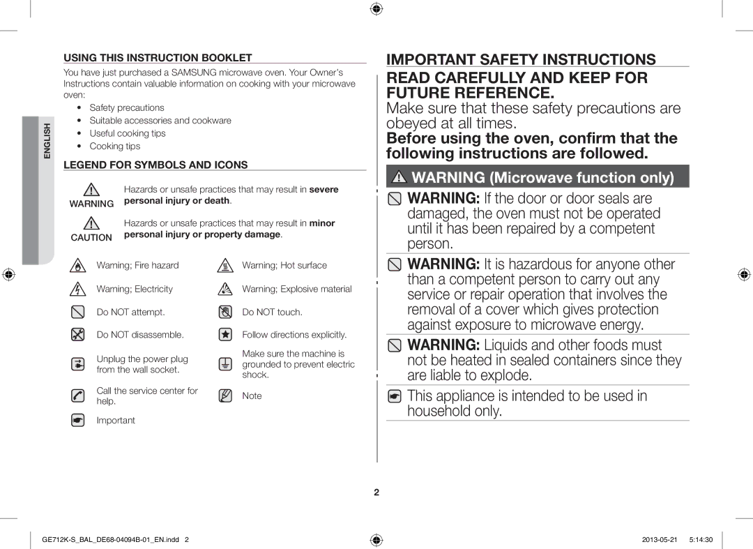 Samsung GE712K-S/BAL Read Carefully and Keep for Future Reference, This appliance is intended to be used in household only 