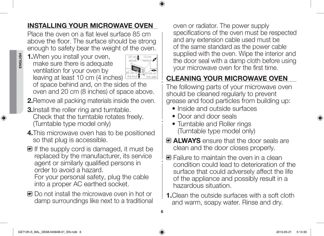 Samsung GE712K-S/BAL manual Installing Your Microwave Oven, Cleaning Your Microwave Oven 