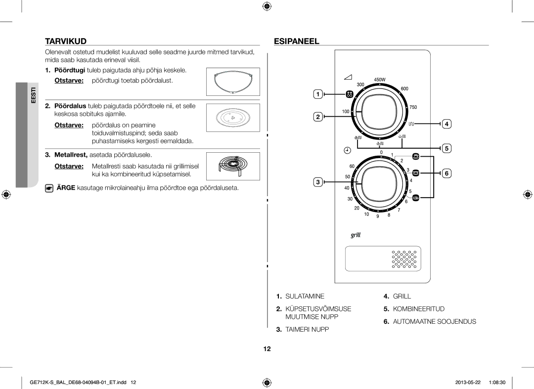 Samsung GE712K-S/BAL manual Tarvikud, Esipaneel 