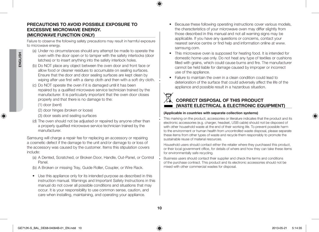 Samsung GE712K-S/BAL manual Applicable in countries with separate collection systems 