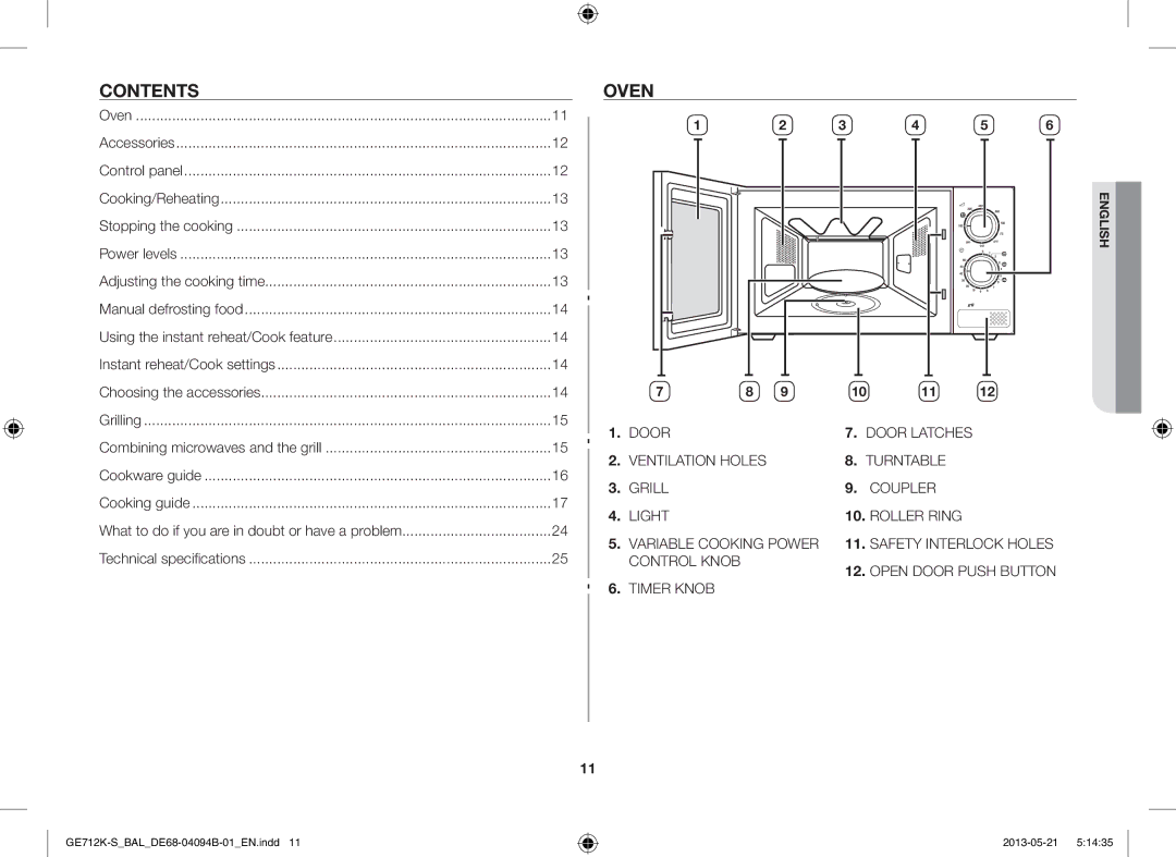 Samsung GE712K-S/BAL manual Contents, Oven 