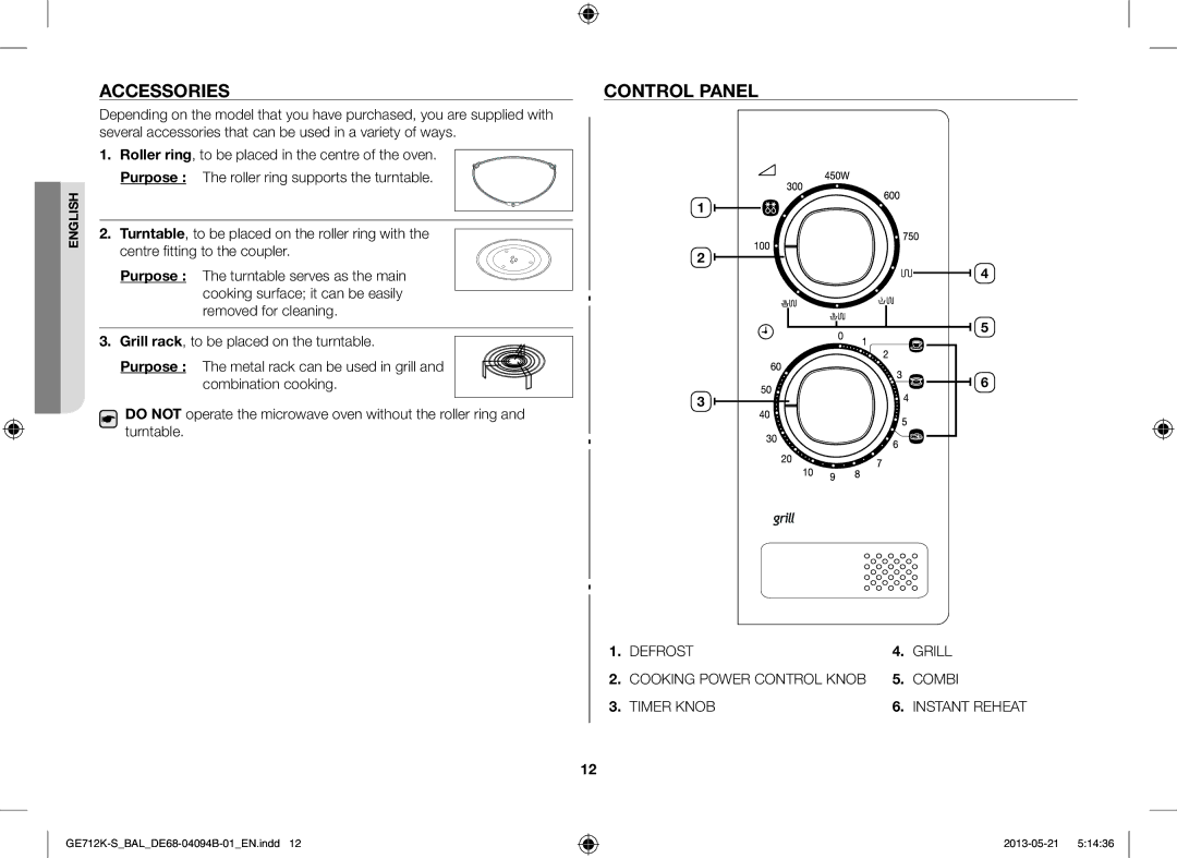 Samsung GE712K-S/BAL manual Accessories, Control Panel 